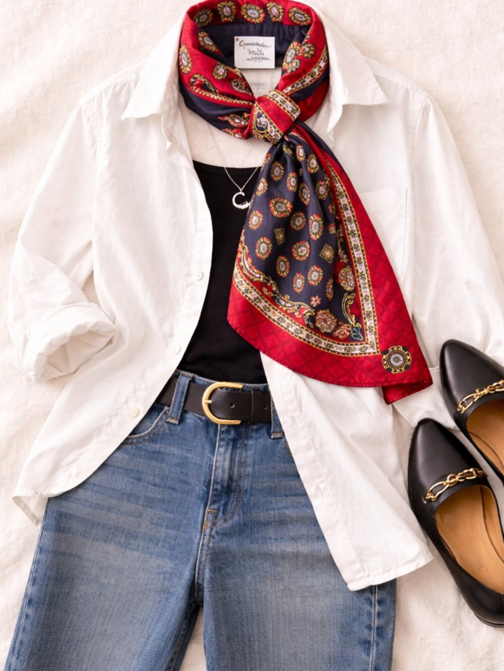 Ginnie Johansen Inc Silk Scarf Red Black Gold Chain Plaid Design Vintage 1988